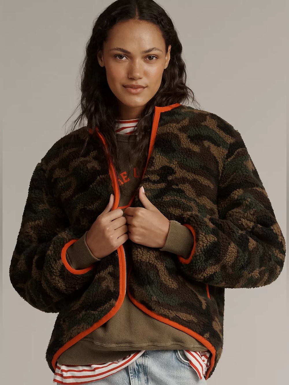 THE GREAT. Reversible Camo Plush Hot Red Bomber Jacket Size 0